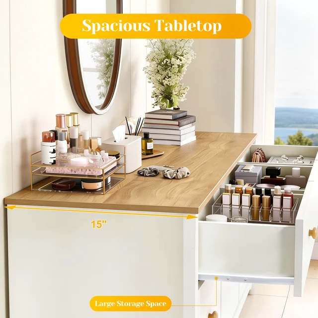 Alt view image 5 of 7 - Large 5 Drawer Nightstand Bedside Table with Solid Knobs Accent Side Table, White, Engineered Wood, Dressers Chests