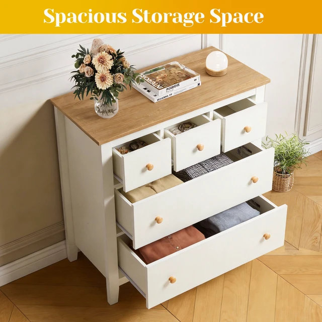 Alt view image 3 of 7 - Large 5 Drawer Nightstand Bedside Table with Solid Knobs Accent Side Table, White, Engineered Wood, Dressers Chests