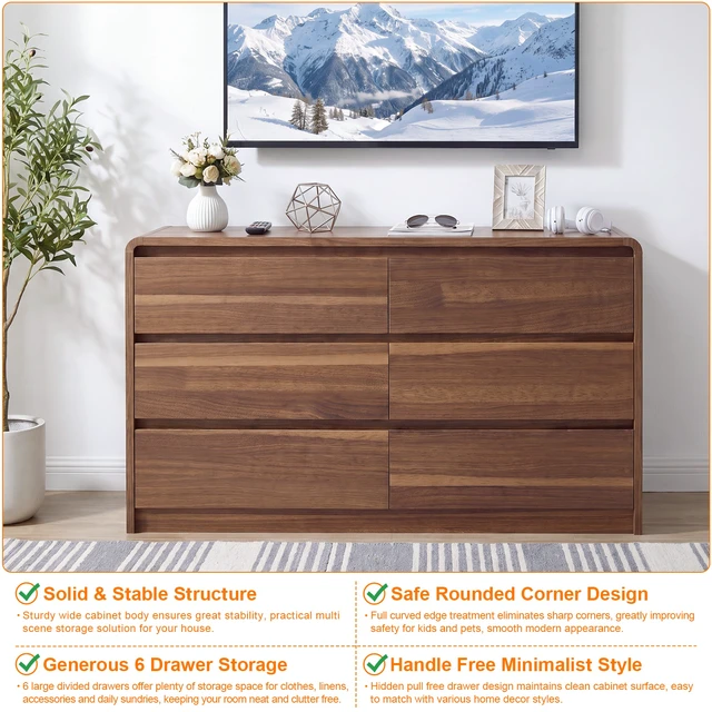 Alt view image 2 of 7 - Dresser, 6 Drawer Dresser with Spacious Countertop Storage Cabinet with Concealed Handles and Rounded Corner Design