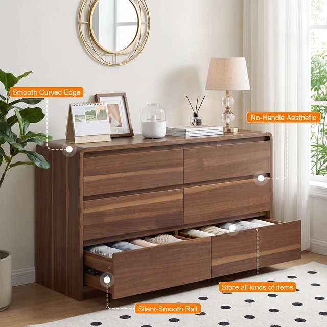 Alt view image 5 of 7 - Dresser, 6 Drawer Dresser with Spacious Countertop Storage Cabinet with Concealed Handles and Rounded Corner Design