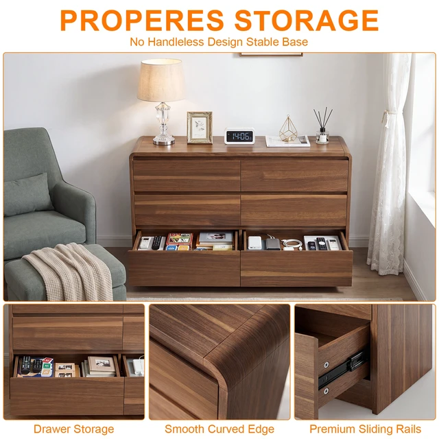 Alt view image 7 of 7 - Dresser, 6 Drawer Dresser with Spacious Countertop Storage Cabinet with Concealed Handles and Rounded Corner Design