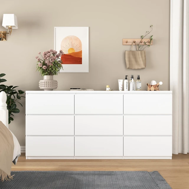 Main image of 9 Drawer Cabinet, Wide Chest Drawers Handles Design Storage Dresser for Living Entryway, White, Particle Board