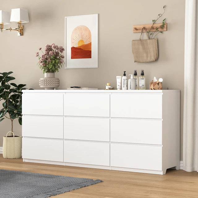 Alt view image 2 of 7 - 9 Drawer Cabinet, Wide Chest Drawers Handles Design Storage Dresser for Living Entryway, White, Particle Board