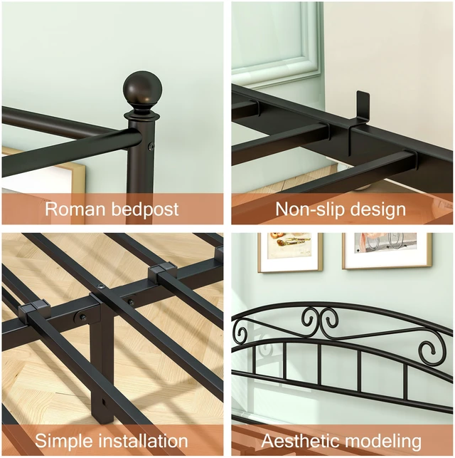 Alt view image 7 of 7 - Queen Size Metal Canopy Bed Frame with Headboard and Footboard, Black, Beds Frames Bases