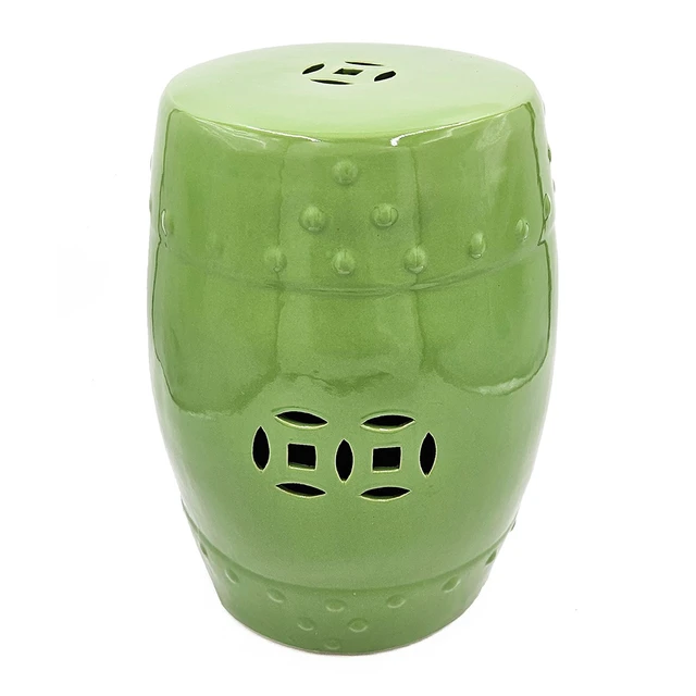 Alt view image 4 of 7 - 18 Inch Ceramic Barrel Stool with Cutout Design, Accent Side Table, Green, Benches Stools