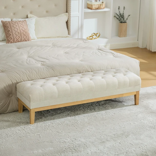 Alt view image 3 of 7 - 63 Inch Wide Upholstered Chenille Accent End Bed Bench Ottoman with Nature Finished Rubberwood Legs, Tufted Footstool