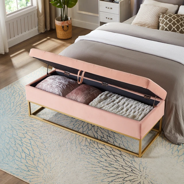 Alt view image 3 of 7 - 58.6 Inch Bed Bench Metal Base with Storage Velvet, Pink, Benches Stools