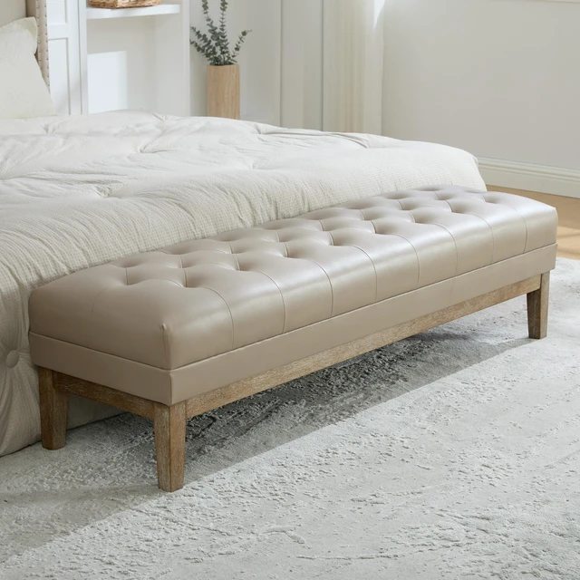 Alt view image 4 of 7 - 63 Inch Upholstered Faux Leather Accent End Bed Bench Ottoman with Seadrift Finished Rubberwood Legs, Tufted