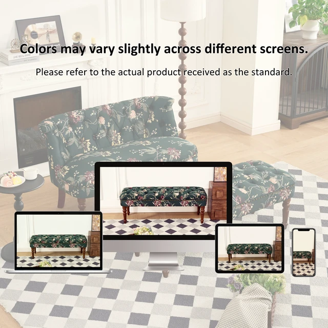 Alt view image 4 of 7 - European Tufted Floral Bench with Turned Wood Legs, American Upholstered Ottoman for and Primary Living Space, Green