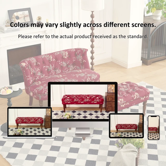 Alt view image 3 of 7 - Sofa Chair Living Single Sofa Chair and Tufted Floral Bench with Turned Wood Legs, European Dressing Stool Lazy Wine