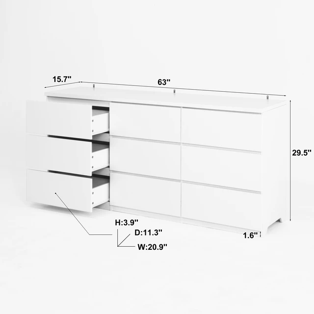 Alt view image 3 of 7 - 9 Drawer Cabinet, Wide Chest Drawers Handles Design Storage Dresser for Living Entryway, White, Particle Board