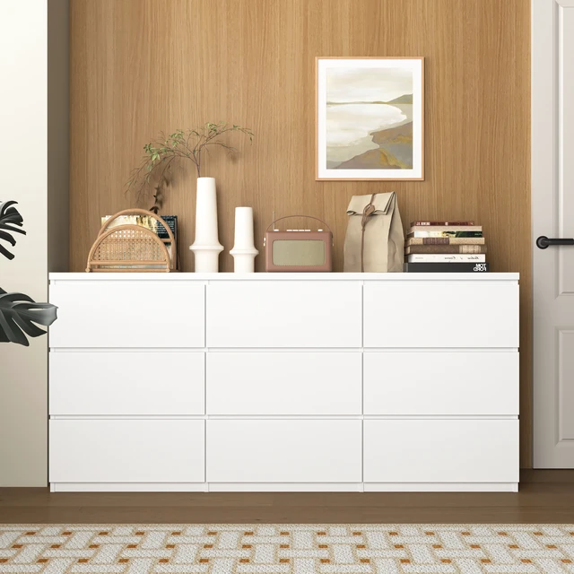 Alt view image 5 of 7 - 9 Drawer Cabinet, Wide Chest Drawers Handles Design Storage Dresser for Living Entryway, White, Particle Board