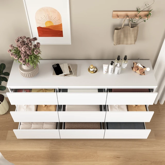 Alt view image 4 of 7 - 9 Drawer Cabinet, Wide Chest Drawers Handles Design Storage Dresser for Living Entryway, White, Particle Board