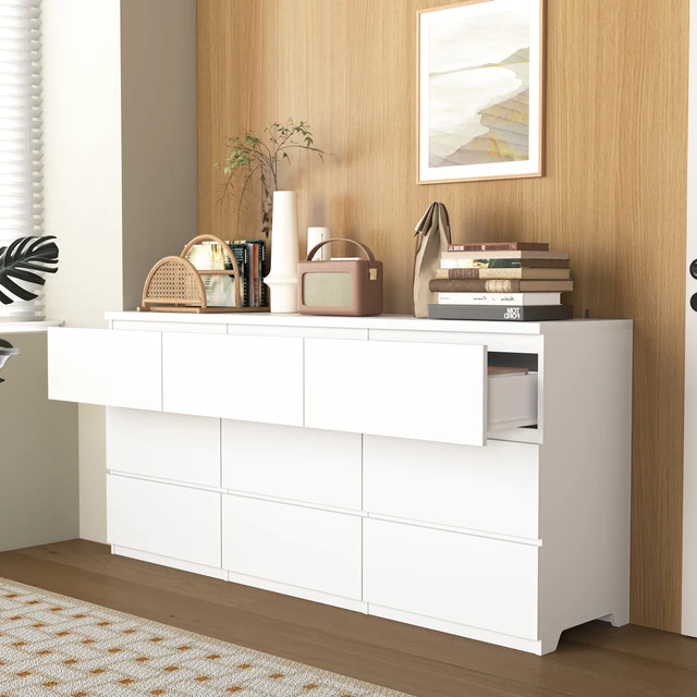 Alt view image 6 of 7 - 9 Drawer Cabinet, Wide Chest Drawers Handles Design Storage Dresser for Living Entryway, White, Particle Board