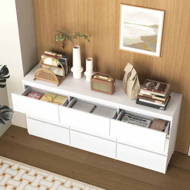 Alt view image 7 of 7 - 9 Drawer Cabinet, Wide Chest Drawers Handles Design Storage Dresser for Living Entryway, White, Particle Board