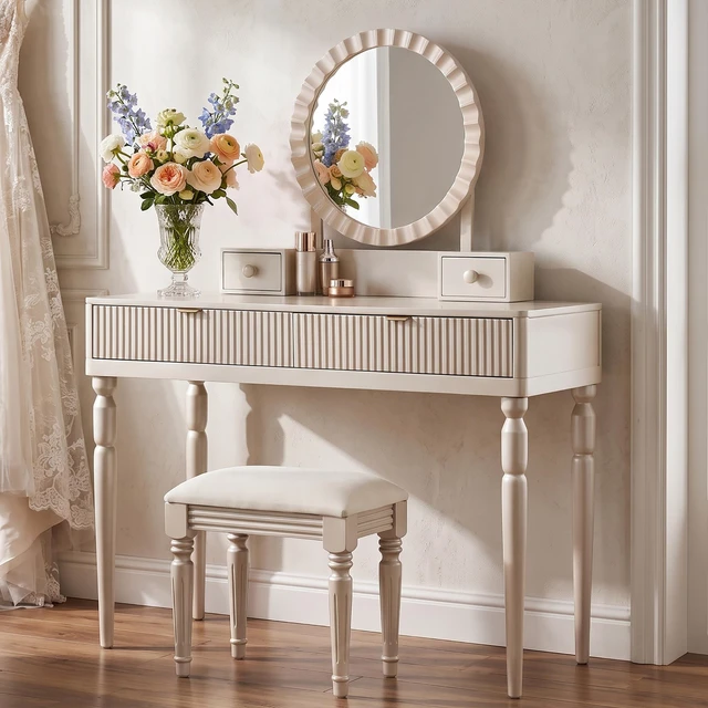 Main image of Vanity Desk with Round Mirror, Height Adjustable Dressing Table Set 4 Drawers and Stool, Champagne, Solid Wood and MDF