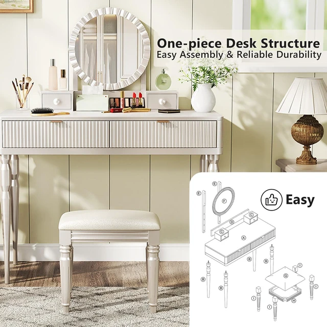 Alt view image 7 of 7 - Vanity Desk with Round Mirror, Height Adjustable Dressing Table Set 4 Drawers and Stool, Champagne, Solid Wood and MDF