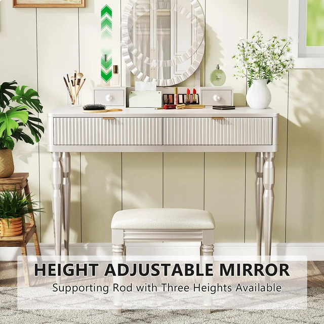 Alt view image 5 of 7 - Vanity Desk with Round Mirror, Height Adjustable Dressing Table Set 4 Drawers and Stool, Champagne, Solid Wood and MDF