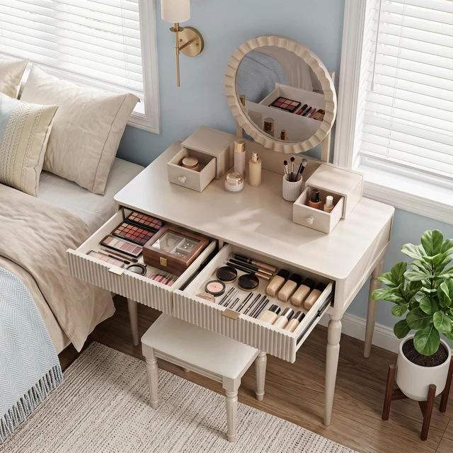 Alt view image 4 of 7 - Vanity Desk with Round Mirror, Height Adjustable Dressing Table Set 4 Drawers and Stool, Champagne, Solid Wood and MDF