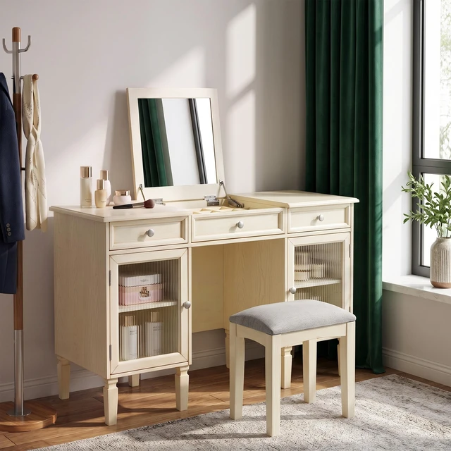 Alt view image 3 of 7 - Makeup Vanity Desk with Flip Top Mirror and Stool, Dressing Table Set with Reeded Glass Cabinets and Drawers Purpose