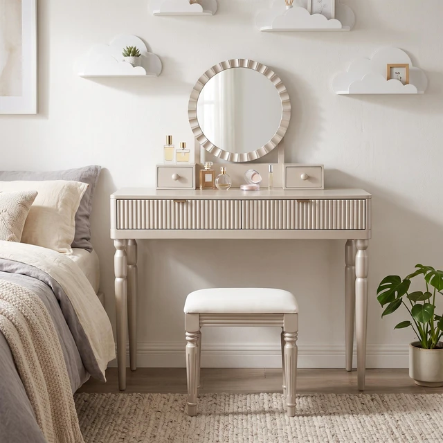 Alt view image 2 of 7 - Vanity Desk with Round Mirror, Height Adjustable Dressing Table Set 4 Drawers and Stool, Champagne, Solid Wood and MDF
