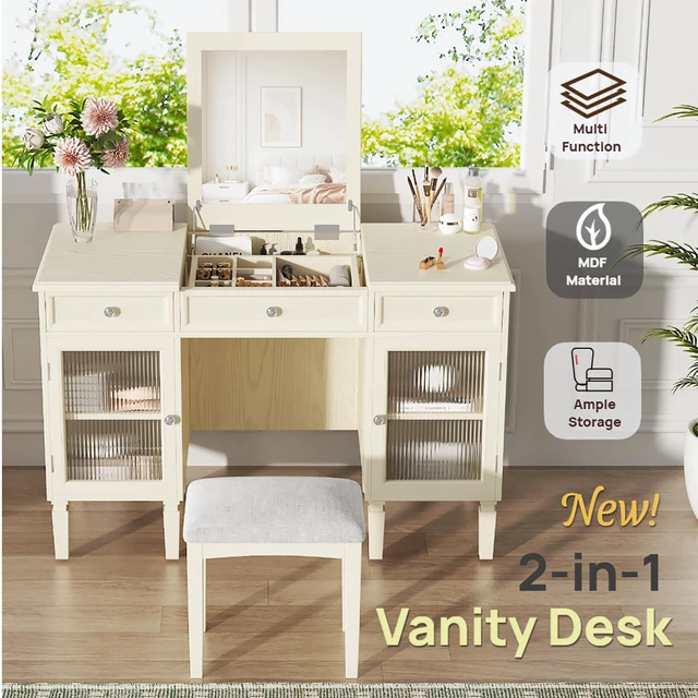 Alt view image 5 of 7 - Makeup Vanity Desk with Flip Top Mirror and Stool, Dressing Table Set with Reeded Glass Cabinets and Drawers Purpose
