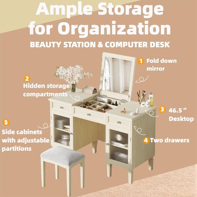 Alt view image 6 of 7 - Makeup Vanity Desk with Flip Top Mirror and Stool, Dressing Table Set with Reeded Glass Cabinets and Drawers Purpose