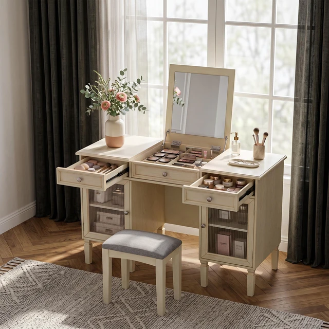 Alt view image 4 of 7 - Makeup Vanity Desk with Flip Top Mirror and Stool, Dressing Table Set with Reeded Glass Cabinets and Drawers Purpose