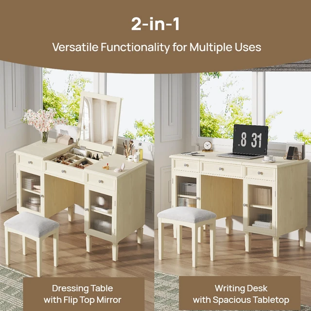 Alt view image 7 of 7 - Makeup Vanity Desk with Flip Top Mirror and Stool, Dressing Table Set with Reeded Glass Cabinets and Drawers Purpose