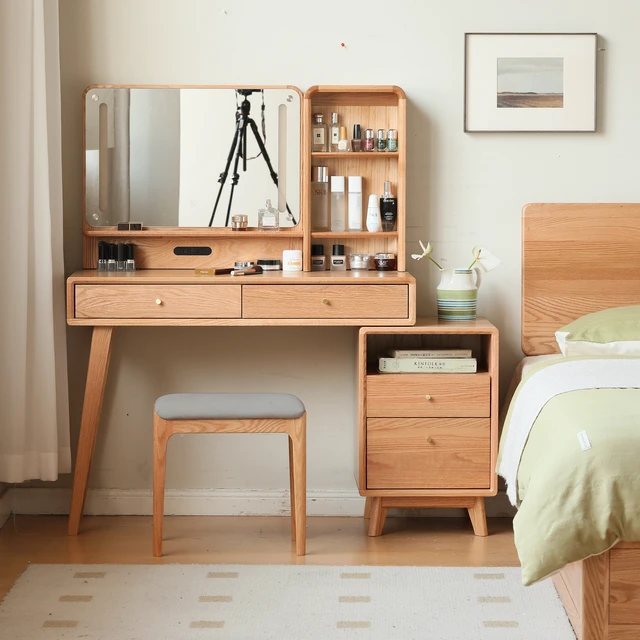 Alt view image 4 of 6 - Dresser Table Dresser Solid Oak Table Desk Top Compact Accessories Storage Width 90 cm Storage Drawer, Solid Wood