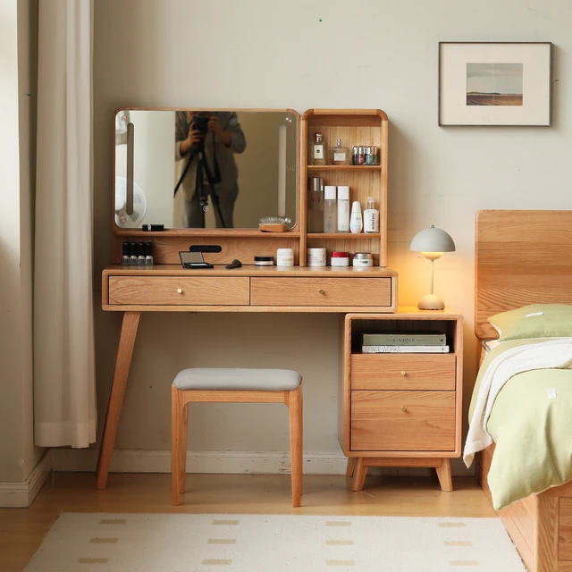 Alt view image 6 of 6 - Dresser Table Dresser Solid Oak Table Desk Top Compact Accessories Storage Width 90 cm Storage Drawer, Solid Wood