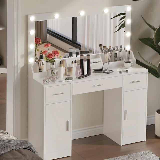 Alt view image 2 of 7 - 47.2 Inch Vanity Desk with Large Mirror, Color Lighting Modes Adjustable Brightness Dresser with 3 Drawers and Vertical