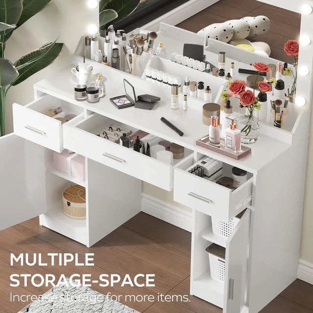 Alt view image 4 of 7 - 47.2 Inch Vanity Desk with Large Mirror, Color Lighting Modes Adjustable Brightness Dresser with 3 Drawers and Vertical