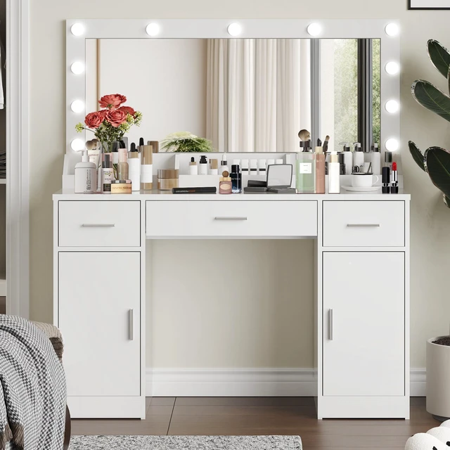 Main image of 47.2 Inch Vanity Desk with Large Mirror, Color Lighting Modes Adjustable Brightness Dresser with 3 Drawers and Vertical