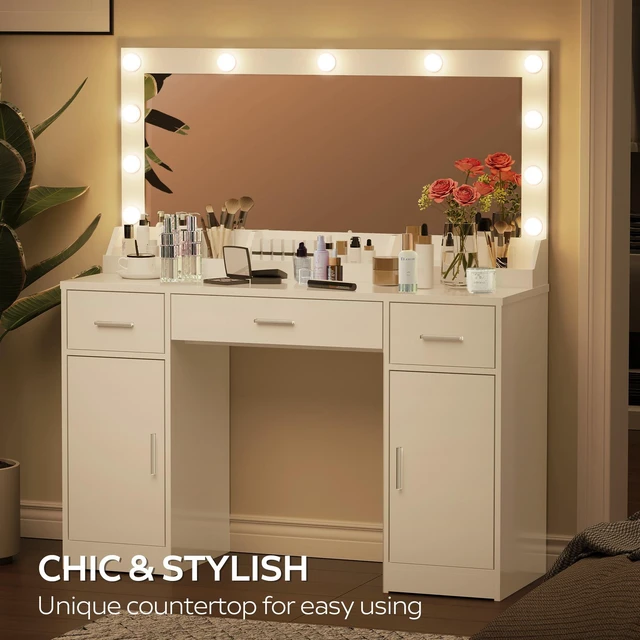 Alt view image 3 of 7 - 47.2 Inch Vanity Desk with Large Mirror, Color Lighting Modes Adjustable Brightness Dresser with 3 Drawers and Vertical