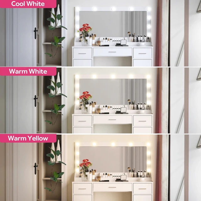 Alt view image 5 of 7 - 47.2 Inch Vanity Desk with Large Mirror, Color Lighting Modes Adjustable Brightness Dresser with 3 Drawers and Vertical