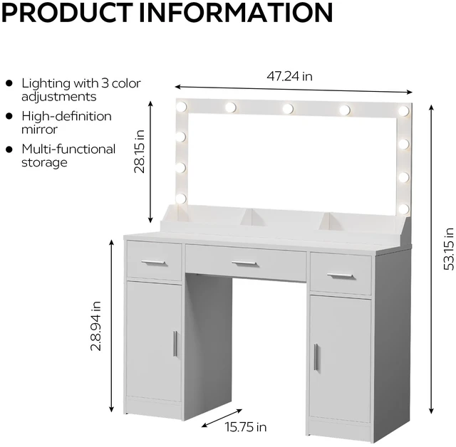Alt view image 7 of 7 - 47.2 Inch Vanity Desk with Large Mirror, Color Lighting Modes Adjustable Brightness Dresser with 3 Drawers and Vertical