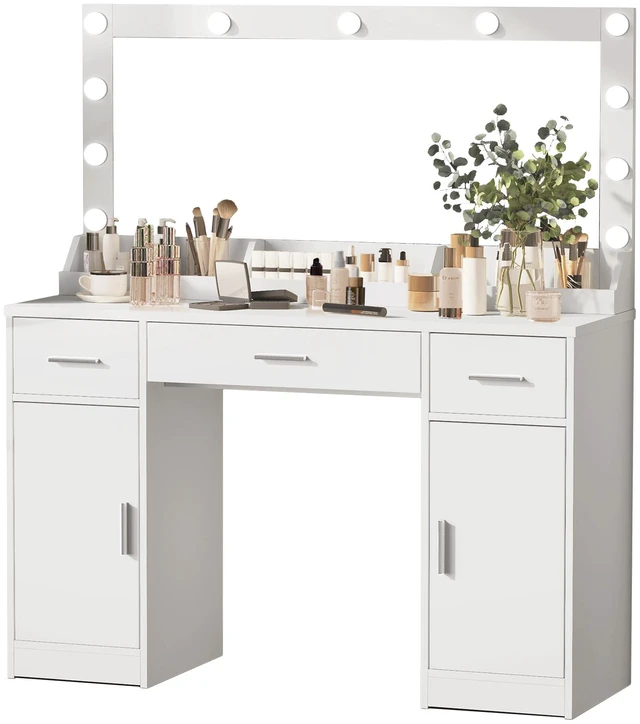 Alt view image 6 of 7 - 47.2 Inch Vanity Desk with Large Mirror, Color Lighting Modes Adjustable Brightness Dresser with 3 Drawers and Vertical