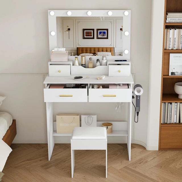 Main image of Makeup Vanity Desk with Hollywood Bulbs, Large Mirror Featuring 4 Drawers and Open Storage Box Equipped with Power