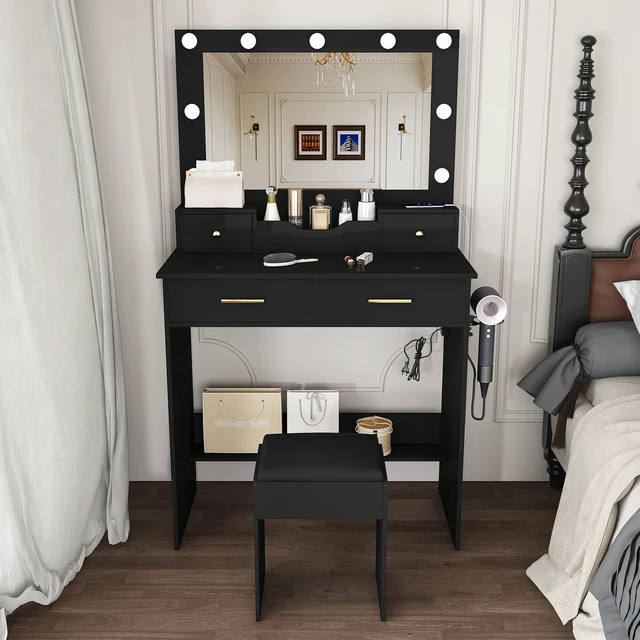 Main image of Makeup Vanity Desk with Hollywood Bulbs, Large Mirror Featuring 4 Drawers and Open Storage Box Equipped with Power