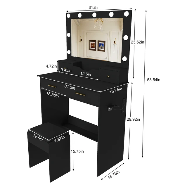 Alt view image 7 of 7 - Makeup Vanity Desk with Hollywood Bulbs, Large Mirror Featuring 4 Drawers and Open Storage Box Equipped with Power