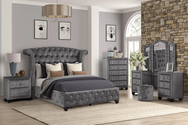Alt view image 5 of 5 - Crystal Tufted 2 Drawer Nightstand Upholstered with Velvet Fabric Made, Gray, Wood