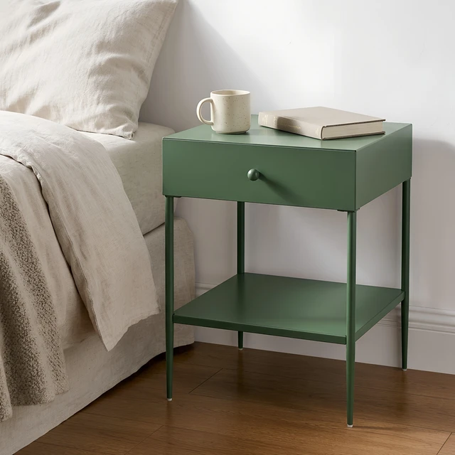 Main image of Colette Green Metal 1 Drawer Nightstand with Bottom Shelf and Tapered Legs