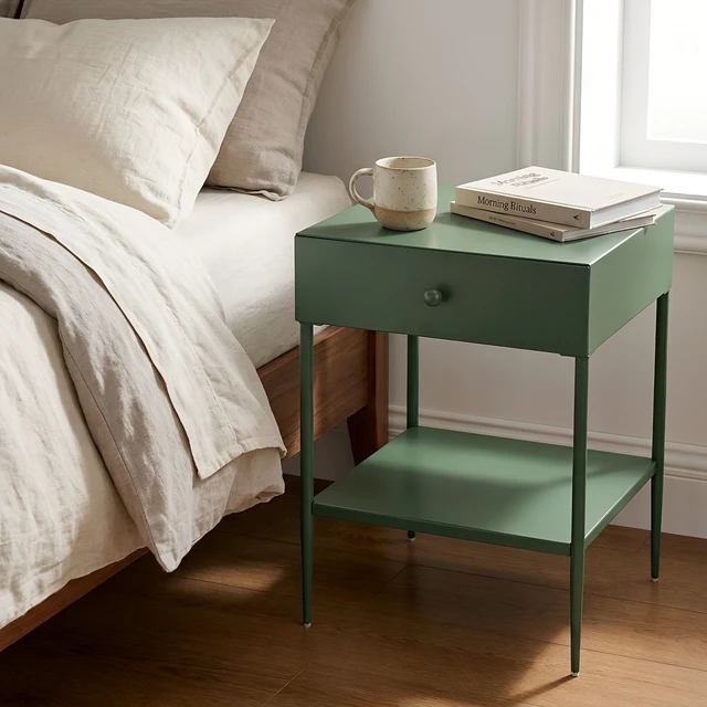 Alt view image 2 of 7 - Colette Green Metal 1 Drawer Nightstand with Bottom Shelf and Tapered Legs