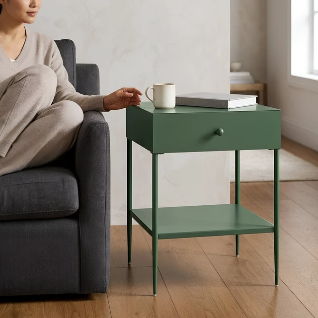 Alt view image 3 of 7 - Colette Green Metal 1 Drawer Nightstand with Bottom Shelf and Tapered Legs