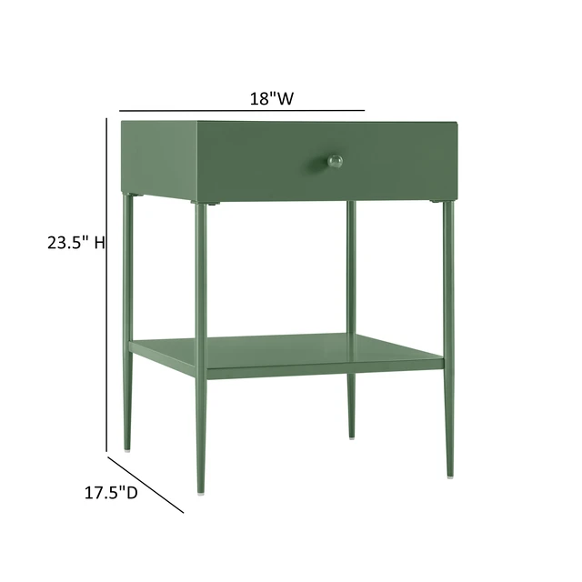 Alt view image 6 of 7 - Colette Green Metal 1 Drawer Nightstand with Bottom Shelf and Tapered Legs