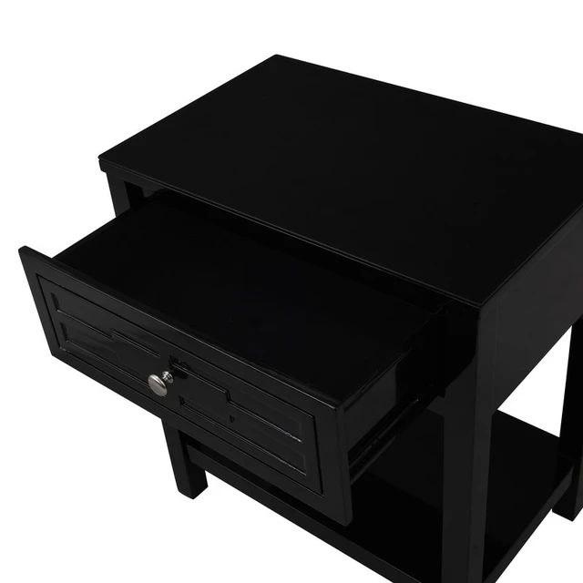 Alt view image 6 of 6 - Dylan 23 Inch Wooden End Side Table Nightstand with Glass Top and Drawer, Black, MDF
