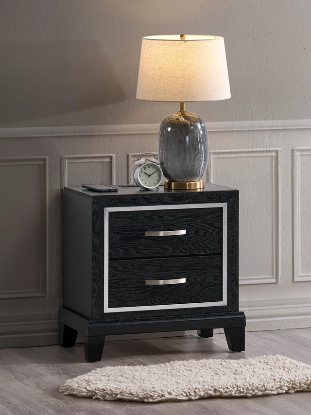 Main image of Livingston 2 Drawer Nightstand with USB Outlets, Black, Wood