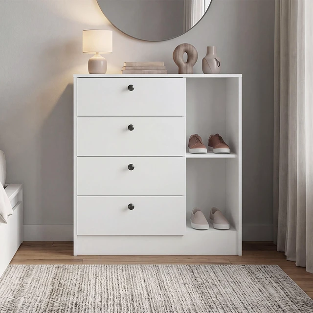 Main image of 4 Drawer Nightstand with Storage, Bedside Table, White, Particle Board