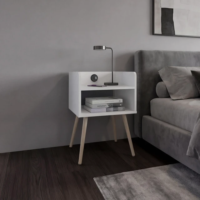 Main image of Nightstand with USB Port, Open Shelf Storage and Bedside Table, White, Particle Board